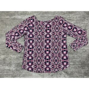 St. Johns Bay Top Women Medium Pink Floral Long Sleeve Geometric Stretch Blouse